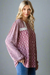 Multi Print Lace Detail Top Marsala