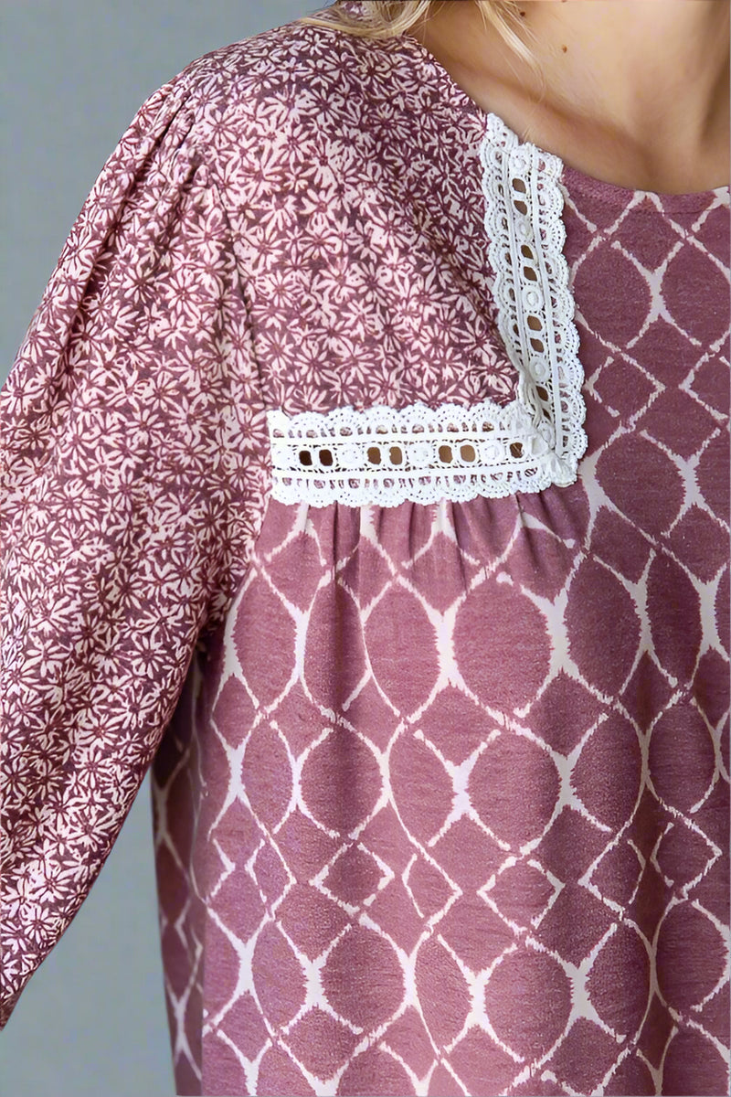 Multi Print Lace Detail Top Marsala