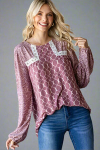 Multi Print Lace Detail Top Marsala