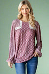 Multi Print Lace Detail Top Marsala