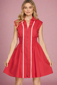 Smocked Waist Front Zip Dress - Red