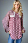 Multi Print Lace Detail Top Marsala