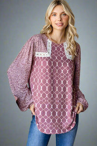 Multi Print Lace Detail Top Marsala