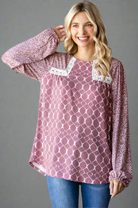 Multi Print Lace Detail Top Marsala