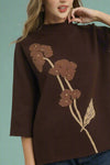 Flower Mock Neck Sweater Top - Brown