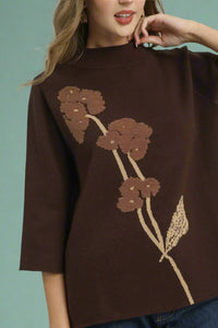 Flower Mock Neck Sweater Top - Brown