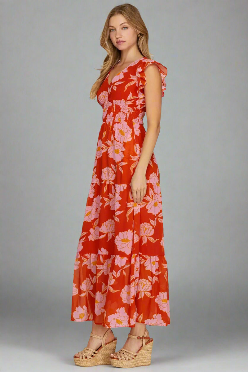 Ruffled Sleeve Floral Maxi Dress