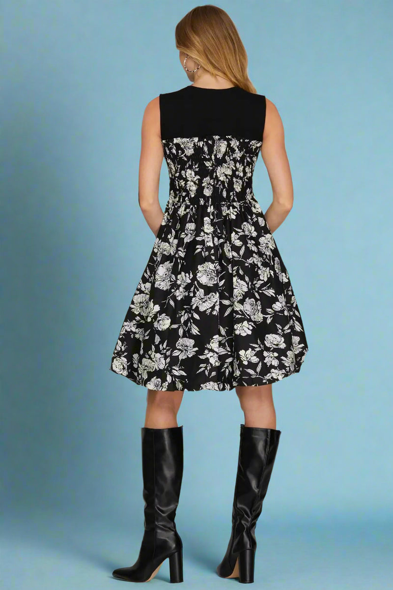 Bubble Hem Floral Print Dress - Black