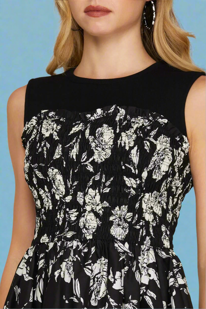 Bubble Hem Floral Print Dress - Black