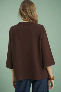 Flower Mock Neck Sweater Top - Brown