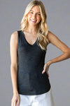 Classic soft V-neck tank top with grey and black stripes and a slight dolphin hem. 