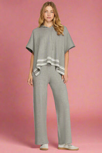 Hooded Sweater Top With Stripe Detail - Grey