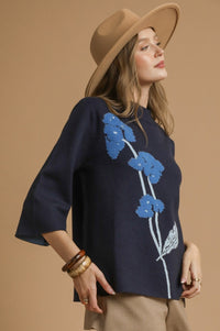 Flower Mock Neck Sweater Top - Navy