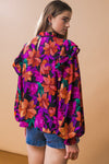 High Neck Balloon Sleeve Floral TopFuchsia