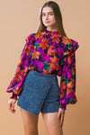 High Neck Balloon Sleeve Floral TopFuchsia