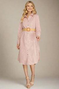 Belted Button Down Shirt Dress - Red