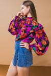 High Neck Balloon Sleeve Floral TopFuchsia