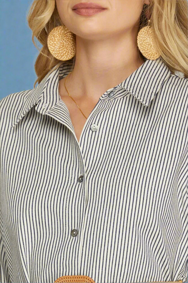 Belted Button Down Shirt Dress - Navy