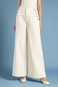 Solid Sailor Button Pants - White