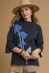 Flower Mock Neck Sweater Top - Navy