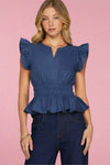 Ruffled Sleeve Elastic Waist Top - Navy