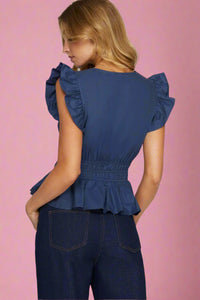 Ruffled Sleeve Elastic Waist Top - Navy