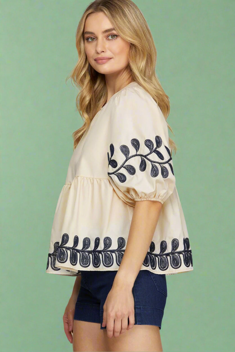 Embroidered Poplin Top - Light Taupe