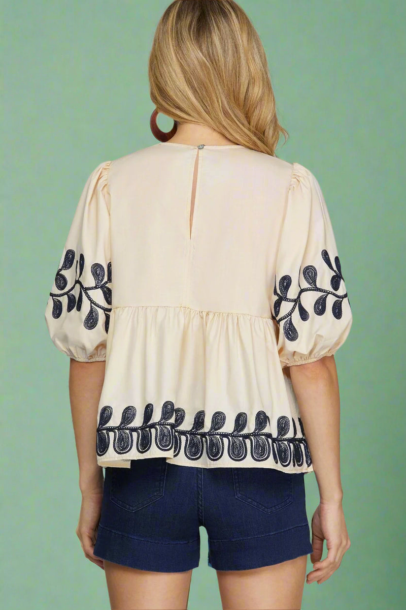 Embroidered Poplin Top - Light Taupe
