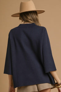 Flower Mock Neck Sweater Top - Navy