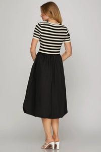 Striped Bubble Hem Dress - Black