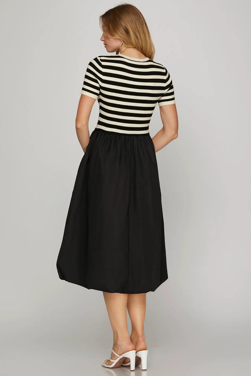 Striped Bubble Hem Dress - Black