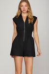 Smocked Waist Zipper Romper - Black