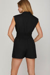 Smocked Waist Zipper Romper - Black