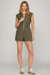 Smocked Waist Zipper Romper - Olive