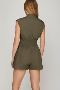 Smocked Waist Zipper Romper - Olive