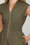 Smocked Waist Zipper Romper - Olive