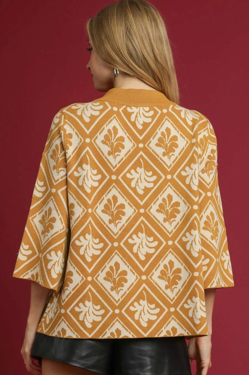 Abstract Leaf Mock Neck Sweater - Mustard
