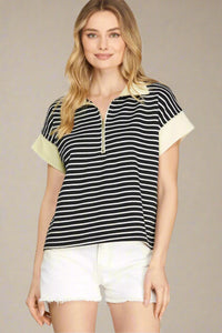 Half Zip Striped Top - Navy