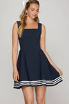 Square Neck Dress With Contrast - Navy