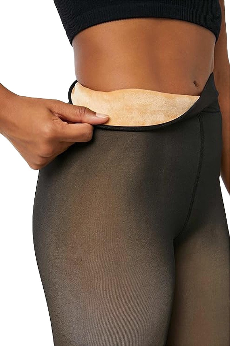 Fleece Lined Fake Sheer Tights - Black OR Nude