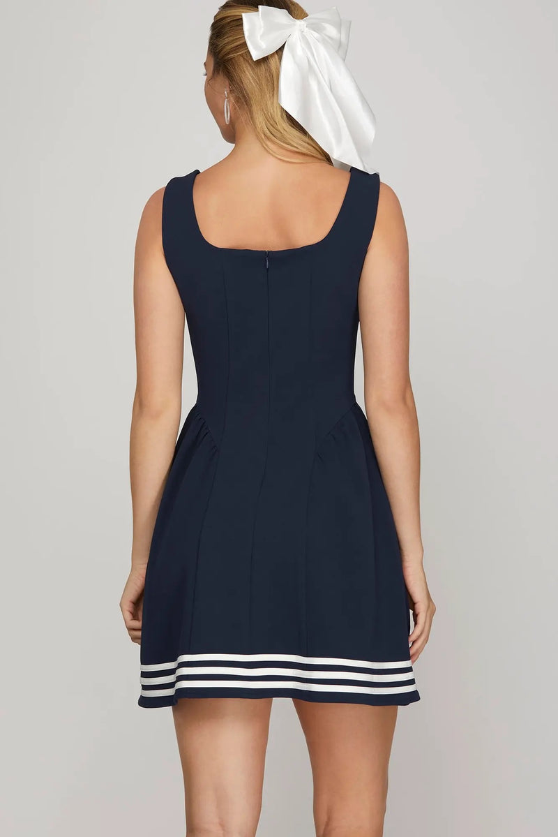 Square Neck Dress With Contrast - Navy