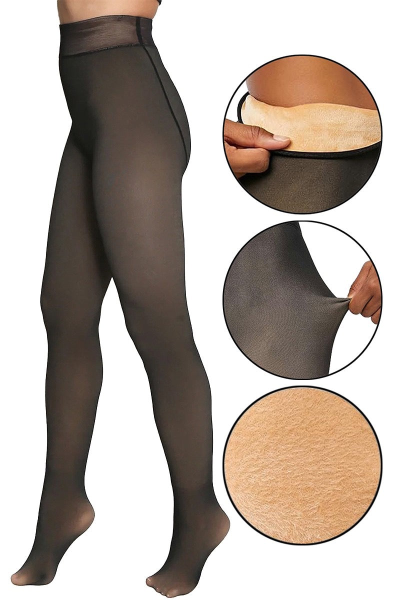 Fleece Lined Fake Sheer Tights - Black OR Nude
