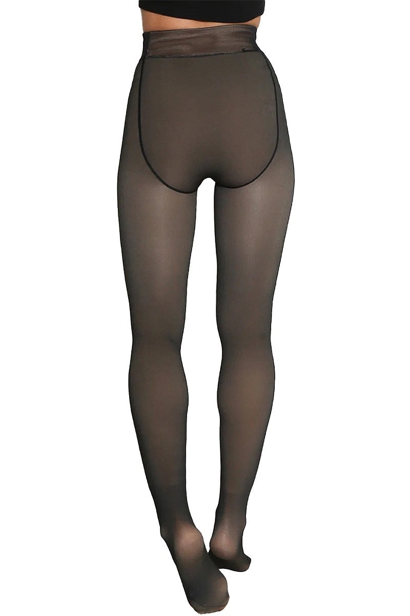 Fleece Lined Fake Sheer Tights - Black OR Nude