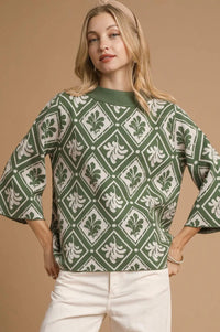 Abstract Leaf Mock Neck Sweater - Olive
