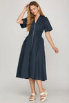 Smocked Waist Zip Dress - Navy