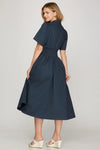 Smocked Waist Zip Dress - Navy