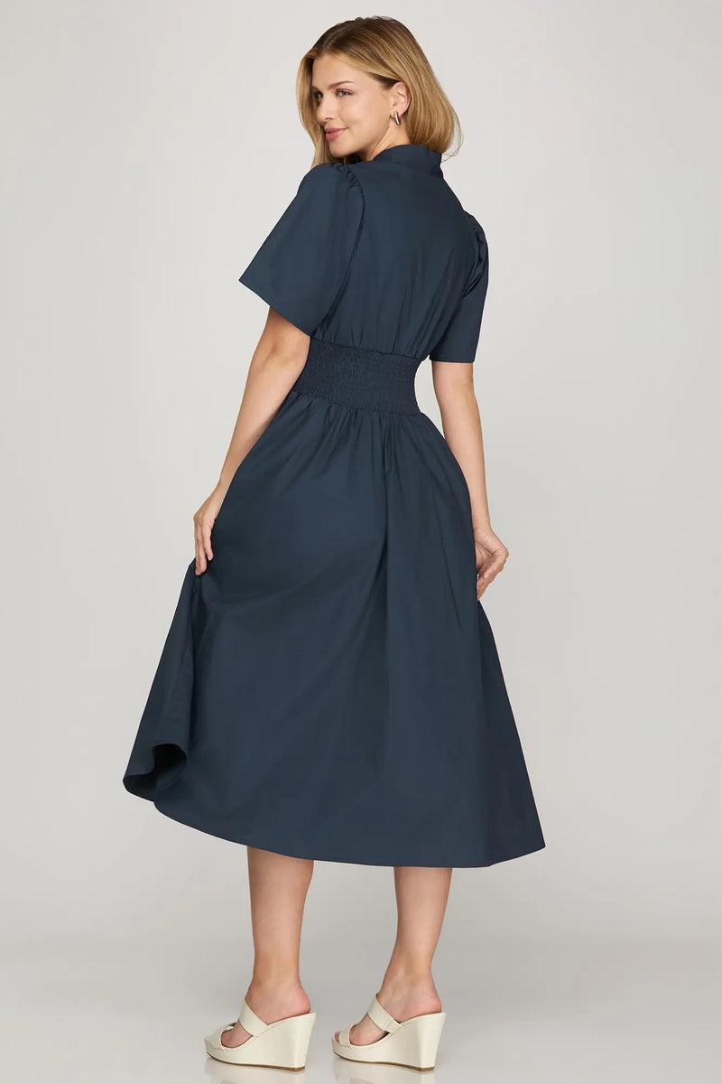 Smocked Waist Zip Dress - Navy