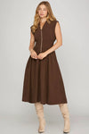Smocked Waist Corduroy Zip Dress - Brown