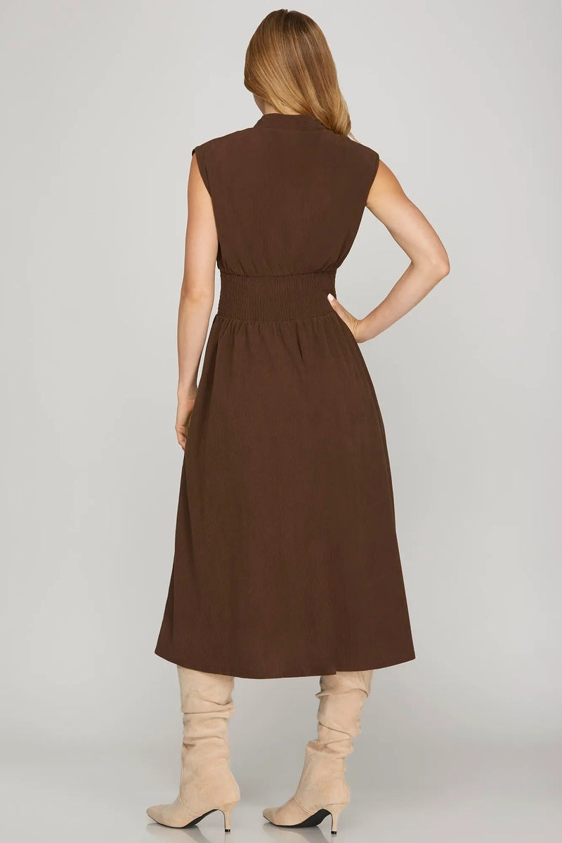 Smocked Waist Corduroy Zip Dress - Brown