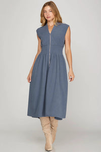 Smocked Waist Corduroy Zip Dress - Blue